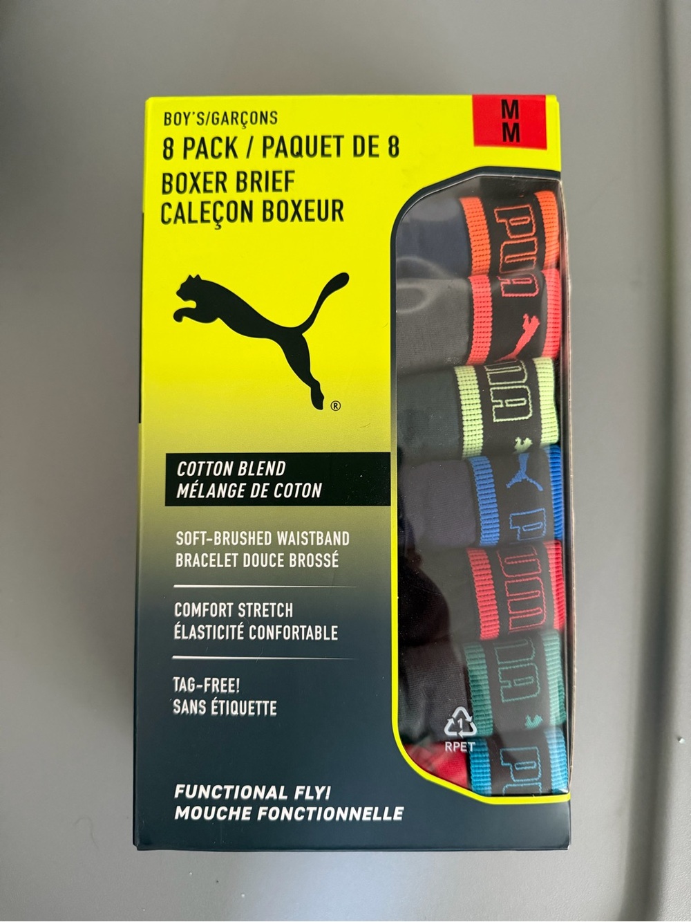 Puma Boys' 8-Pack Boxer Briefs - Black with Red, Green, Blue, Orange Accents